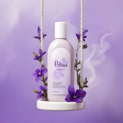 Digital Painting A Bottle Of Bliss Lotion On A Swing With Purple Flowers On A Purple Background With Smoke Product Photography Studio Shot Bold And Slim Lines Brush Strokes 3 0337