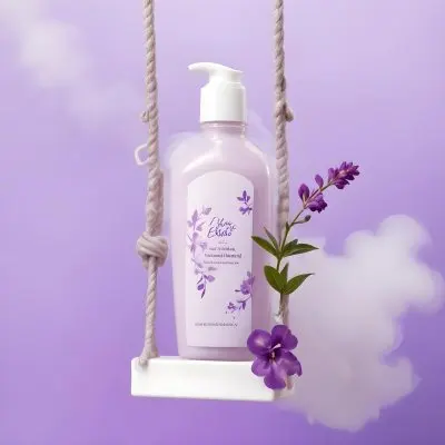 Digital Painting A Bottle Of Bliss Lotion On A Swing With Purple Flowers On A Purple Background With Smoke Product Photography Studio Shot Bold And Slim Lines Brush Strokes 7 5297