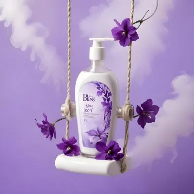 Digital Painting A Bottle Of Bliss Lotion On A Swing With Purple Flowers On A Purple Background With Smoke Product Photography Studio Shot Bold And Slim Lines Brush Strokes 8 F476