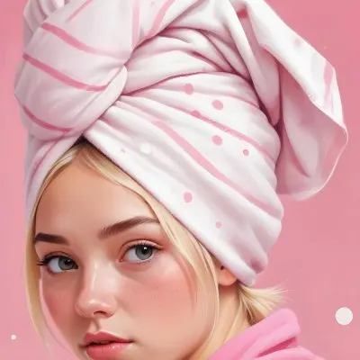 Digital Painting A Caucasian Girl 18 Years Old Blonde Hair With A Pink Towel On Her Head Pink Background With White Circles Bold And Slim Lines Brush Strokes 18 F5bb
