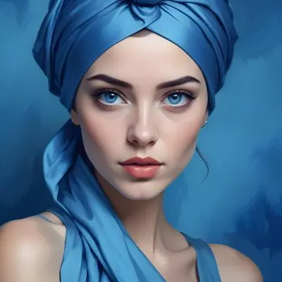 Digital Painting A Caucasian Woman 23 Years Old Blue Hair Blue Lips And Blue Turban Blue Eyes In Front Of A Blue Silk Background Bold And Slim Lines Brush Strokes 1 032c
