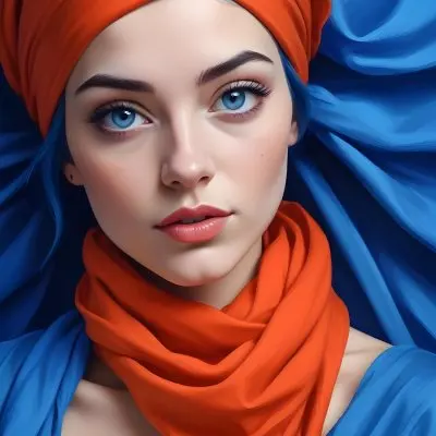 Digital Painting A Caucasian Woman 23 Years Old Blue Hair Blue Lips And Blue Turban Blue Eyes In Front Of A Blue Silk Background Bold And Slim Lines Brush Strokes 18 5b1f