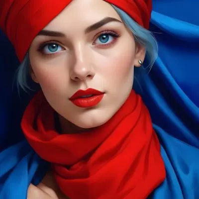Digital Painting A Caucasian Woman 23 Years Old Blue Hair Red Lips And Blue Turban Red Eyes With A Blue Silk Background Bold And Slim Lines Brush Strokes 1 0bf9