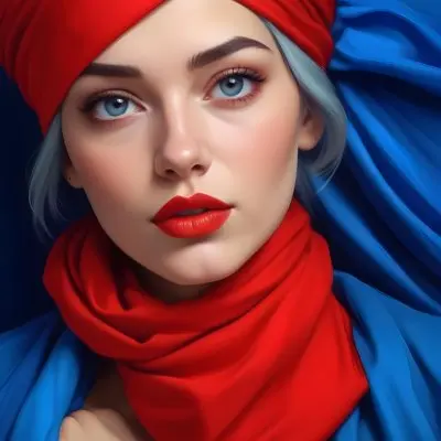 Digital Painting A Caucasian Woman 23 Years Old Blue Hair Red Lips And Blue Turban Red Eyes With A Blue Silk Background Bold And Slim Lines Brush Strokes 17 Ef95
