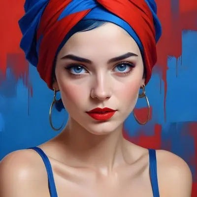 Digital Painting A Caucasian Woman 23 Years Old Blue Hair Red Lips And Blue Turban Red Eyes With A Blue Silk Background Bold And Slim Lines Brush Strokes 18 3aa2