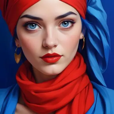 Digital Painting A Caucasian Woman 23 Years Old Blue Hair Red Lips And Blue Turban Red Eyes With A Blue Silk Background Bold And Slim Lines Brush Strokes 23 B734