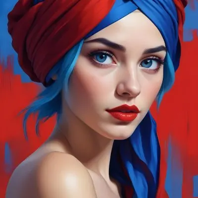 Digital Painting A Caucasian Woman 23 Years Old Blue Hair Red Lips And Blue Turban Red Eyes With A Blue Silk Background Bold And Slim Lines Brush Strokes 24 7c21