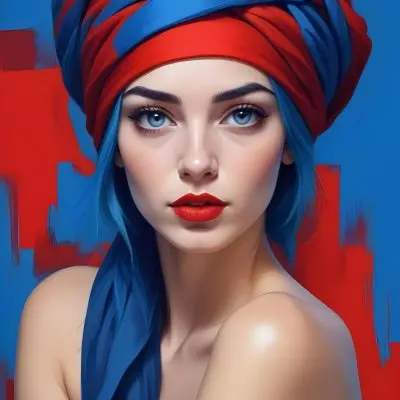 Digital Painting A Caucasian Woman 23 Years Old Blue Hair Red Lips And Blue Turban Red Eyes With A Blue Silk Background Bold And Slim Lines Brush Strokes 29 A6f7
