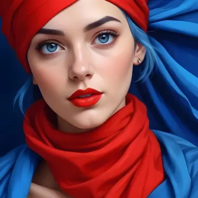 Digital Painting A Caucasian Woman 23 Years Old Blue Hair Red Lips And Blue Turban Red Eyes With A Blue Silk Background Bold And Slim Lines Brush Strokes 32 2264
