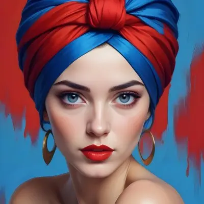 Digital Painting A Caucasian Woman 23 Years Old Blue Hair Red Lips And Blue Turban Red Eyes With A Blue Silk Background Bold And Slim Lines Brush Strokes 37 5230