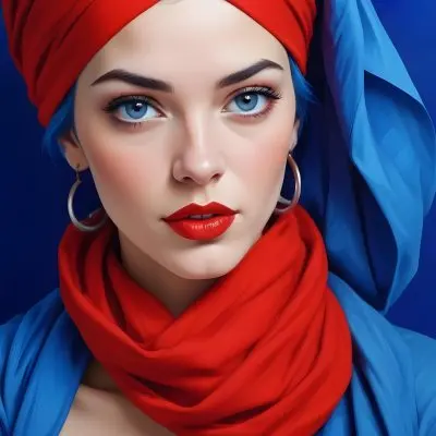 Digital Painting A Caucasian Woman 23 Years Old Blue Hair Red Lips And Blue Turban Red Eyes With A Blue Silk Background Bold And Slim Lines Brush Strokes 39 31fe
