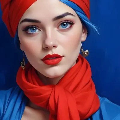 Digital Painting A Caucasian Woman 23 Years Old Blue Hair Red Lips And Blue Turban Red Eyes With A Blue Silk Background Bold And Slim Lines Brush Strokes 9 376a