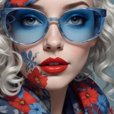 Digital Painting A Caucasian Woman 23 Years Old White Curly Hair Blue Sunglasses Red Lips Flowers Painted On Her Face Floral Scarf Studio Background Bold And Slim Lines Brush Strokes 28 C3c4