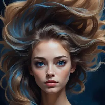 Digital Painting A Caucasian Woman 23 Years Old With Long Wavy Hair Dyed With Blue Light Skin Blue Eyes Wearing Makeup In A Dark Background Bold And Slim Lines Brush Strokes 11 5684