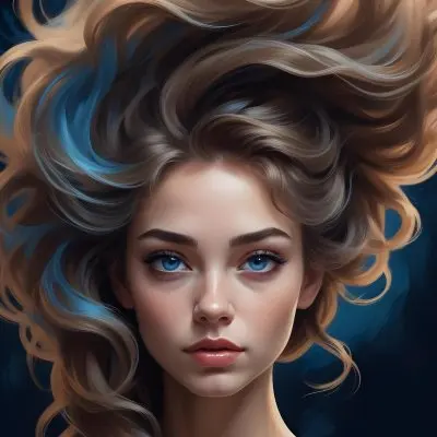 Digital Painting A Caucasian Woman 23 Years Old With Long Wavy Hair Dyed With Blue Light Skin Blue Eyes Wearing Makeup In A Dark Background Bold And Slim Lines Brush Strokes 12 652b