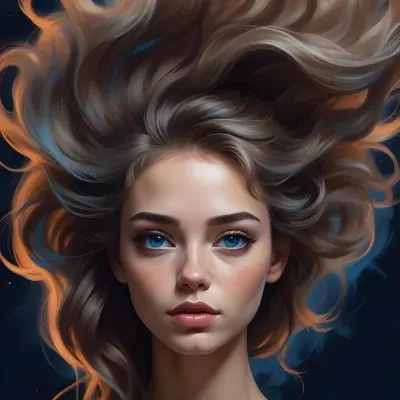 Digital Painting A Caucasian Woman 23 Years Old With Long Wavy Hair Dyed With Blue Light Skin Blue Eyes Wearing Makeup In A Dark Background Bold And Slim Lines Brush Strokes 13 561f