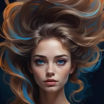 Digital Painting A Caucasian Woman 23 Years Old With Long Wavy Hair Dyed With Blue Light Skin Blue Eyes Wearing Makeup In A Dark Background Bold And Slim Lines Brush Strokes 14 D04b