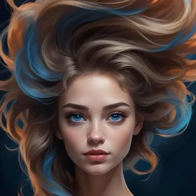Digital Painting A Caucasian Woman 23 Years Old With Long Wavy Hair Dyed With Blue Light Skin Blue Eyes Wearing Makeup In A Dark Background Bold And Slim Lines Brush Strokes 15 71e0