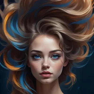 Digital Painting A Caucasian Woman 23 Years Old With Long Wavy Hair Dyed With Blue Light Skin Blue Eyes Wearing Makeup In A Dark Background Bold And Slim Lines Brush Strokes 16 59bf