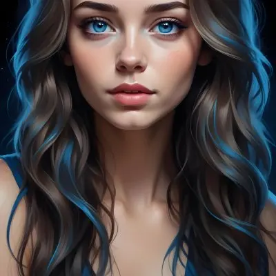 Digital Painting A Caucasian Woman 23 Years Old With Long Wavy Hair Dyed With Blue Light Skin Blue Eyes Wearing Makeup In A Dark Background Bold And Slim Lines Brush Strokes 19 5137