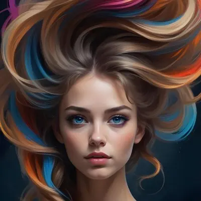 Digital Painting A Caucasian Woman 23 Years Old With Long Wavy Hair Dyed With Blue Light Skin Blue Eyes Wearing Makeup In A Dark Background Bold And Slim Lines Brush Strokes 20 8716