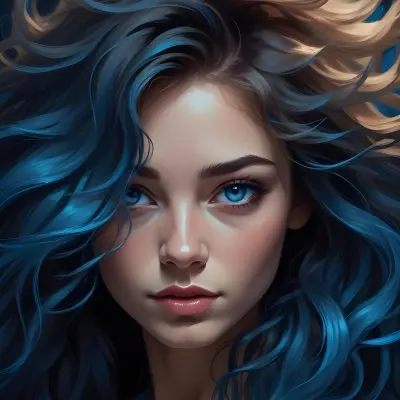 Digital Painting A Caucasian Woman 23 Years Old With Long Wavy Hair Dyed With Blue Light Skin Blue Eyes Wearing Makeup In A Dark Background Bold And Slim Lines Brush Strokes 21 E2c2