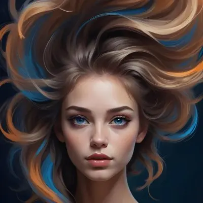Digital Painting A Caucasian Woman 23 Years Old With Long Wavy Hair Dyed With Blue Light Skin Blue Eyes Wearing Makeup In A Dark Background Bold And Slim Lines Brush Strokes 24 6b39