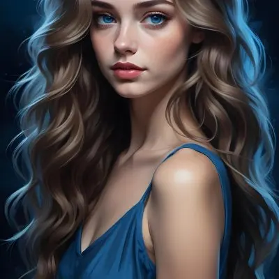 Digital Painting A Caucasian Woman 23 Years Old With Long Wavy Hair Dyed With Blue Light Skin Blue Eyes Wearing Makeup In A Dark Background Bold And Slim Lines Brush Strokes 25 2165