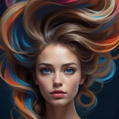 Digital Painting A Caucasian Woman 23 Years Old With Long Wavy Hair Dyed With Blue Light Skin Blue Eyes Wearing Makeup In A Dark Background Bold And Slim Lines Brush Strokes 26 6f8b