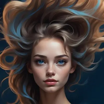 Digital Painting A Caucasian Woman 23 Years Old With Long Wavy Hair Dyed With Blue Light Skin Blue Eyes Wearing Makeup In A Dark Background Bold And Slim Lines Brush Strokes 27 98a0
