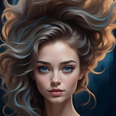 Digital Painting A Caucasian Woman 23 Years Old With Long Wavy Hair Dyed With Blue Light Skin Blue Eyes Wearing Makeup In A Dark Background Bold And Slim Lines Brush Strokes 3 C581
