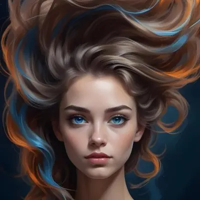 Digital Painting A Caucasian Woman 23 Years Old With Long Wavy Hair Dyed With Blue Light Skin Blue Eyes Wearing Makeup In A Dark Background Bold And Slim Lines Brush Strokes 30 92eb