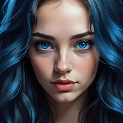 Digital Painting A Caucasian Woman 23 Years Old With Long Wavy Hair Dyed With Blue Light Skin Blue Eyes Wearing Makeup In A Dark Background Bold And Slim Lines Brush Strokes 31 D8dd