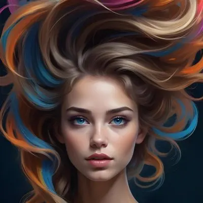 Digital Painting A Caucasian Woman 23 Years Old With Long Wavy Hair Dyed With Blue Light Skin Blue Eyes Wearing Makeup In A Dark Background Bold And Slim Lines Brush Strokes 4 43d5