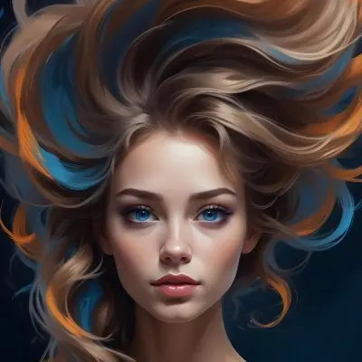 Digital Painting A Caucasian Woman 23 Years Old With Long Wavy Hair Dyed With Blue Light Skin Blue Eyes Wearing Makeup In A Dark Background Bold And Slim Lines Brush Strokes 5 Cba5