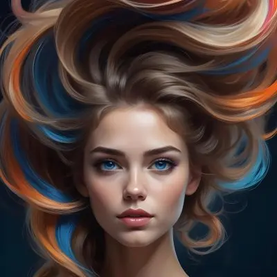 Digital Painting A Caucasian Woman 23 Years Old With Long Wavy Hair Dyed With Blue Light Skin Blue Eyes Wearing Makeup In A Dark Background Bold And Slim Lines Brush Strokes 6 82fa