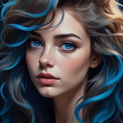Digital Painting A Caucasian Woman 23 Years Old With Long Wavy Hair Dyed With Blue Light Skin Blue Eyes Wearing Makeup In A Dark Background Bold And Slim Lines Brush Strokes 7 92d1