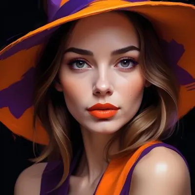 Digital Painting A Caucasian Woman 30 Years Old With Orange Lips And A Big Orange And Purple Hat In A Dark Background Bold And Slim Lines Brush Strokes 12 Fbc5