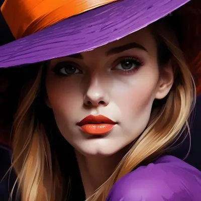Digital Painting A Caucasian Woman 30 Years Old With Orange Lips And A Big Orange And Purple Hat In A Dark Background Bold And Slim Lines Brush Strokes 20 B079