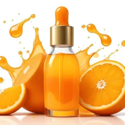 Digital Painting A Clear Glass Dropper Bottle Filled With Orange Liquid Surrounded By Whole And Sliced Oranges The Background Features Droplets Of Liquid And A Soft Bright Ambiance Bold And Slim Lines Brush Stroke 18 7dd7