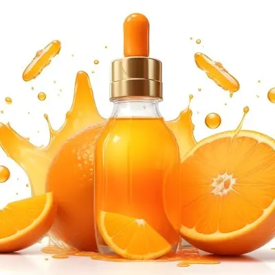 Digital Painting A Clear Glass Dropper Bottle Filled With Orange Liquid Surrounded By Whole And Sliced Oranges The Background Features Droplets Of Liquid And A Soft Bright Ambiance Bold And Slim Lines Brush Stroke 23 C380