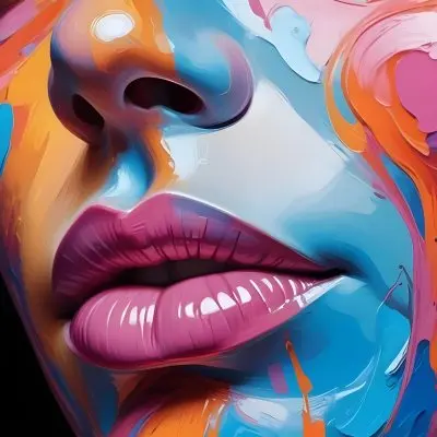 Digital Painting A Close Up Of A Colorful Abstract Face With Vibrant Swirling Patterns Of Pink Blue And Orange Hues The Lips Are Prominent And Appear To Be Slightly Parted Creating An Emotive Expression Bo 18 E29f