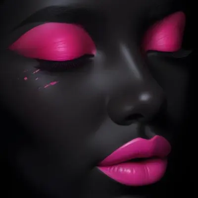 Digital Painting A Close Up Of A Face With A Completely Black Background The Skin Is Painted Black And The Eyes Are Closed With Bright Pink Eyeshadow The Lips Are Glossy And Painted In A Vibrant Pink Color Creating 15 Ca37