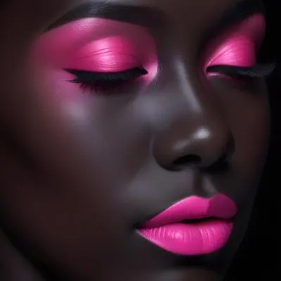 Digital Painting A Close Up Of A Face With A Completely Black Background The Skin Is Painted Black And The Eyes Are Closed With Bright Pink Eyeshadow The Lips Are Glossy And Painted In A Vibrant Pink Color Creating 26 B473