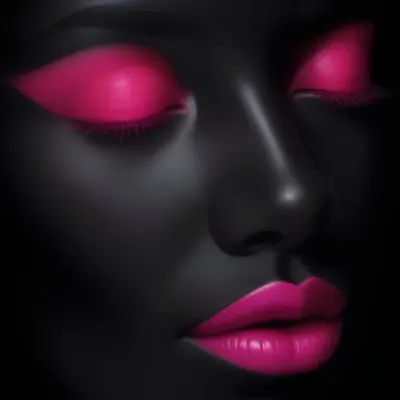 Digital Painting A Close Up Of A Face With A Completely Black Background The Skin Is Painted Black And The Eyes Are Closed With Bright Pink Eyeshadow The Lips Are Glossy And Painted In A Vibrant Pink Color Creating 3 8ad7