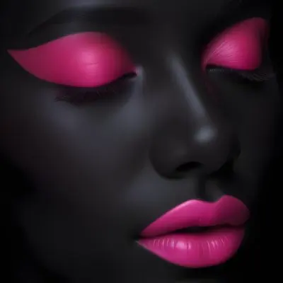 Digital Painting A Close Up Of A Face With A Completely Black Background The Skin Is Painted Black And The Eyes Are Closed With Bright Pink Eyeshadow The Lips Are Glossy And Painted In A Vibrant Pink Color Creating 31 185e