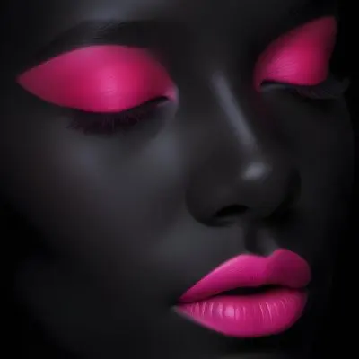 Digital Painting A Close Up Of A Face With A Completely Black Background The Skin Is Painted Black And The Eyes Are Closed With Bright Pink Eyeshadow The Lips Are Glossy And Painted In A Vibrant Pink Color Creating 45 6de8