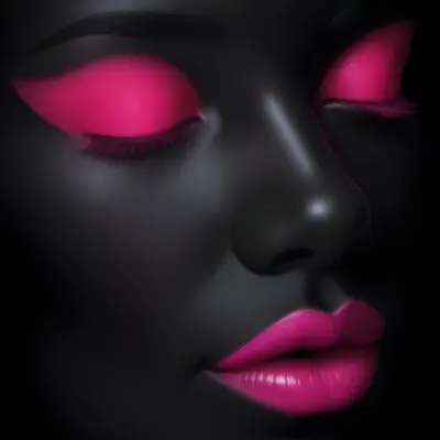 Digital Painting A Close Up Of A Face With A Completely Black Background The Skin Is Painted Black And The Eyes Are Closed With Bright Pink Eyeshadow The Lips Are Glossy And Painted In A Vibrant Pink Color Creating 5 94e1