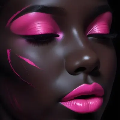 Digital Painting A Close Up Of A Face With A Completely Black Background The Skin Is Painted Black And The Eyes Are Closed With Bright Pink Eyeshadow The Lips Are Glossy And Painted In A Vibrant Pink Color Creating 53 636b