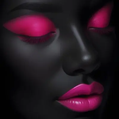 Digital Painting A Close Up Of A Face With A Completely Black Background The Skin Is Painted Black And The Eyes Are Closed With Bright Pink Eyeshadow The Lips Are Glossy And Painted In A Vibrant Pink Color Creating A 1 9580